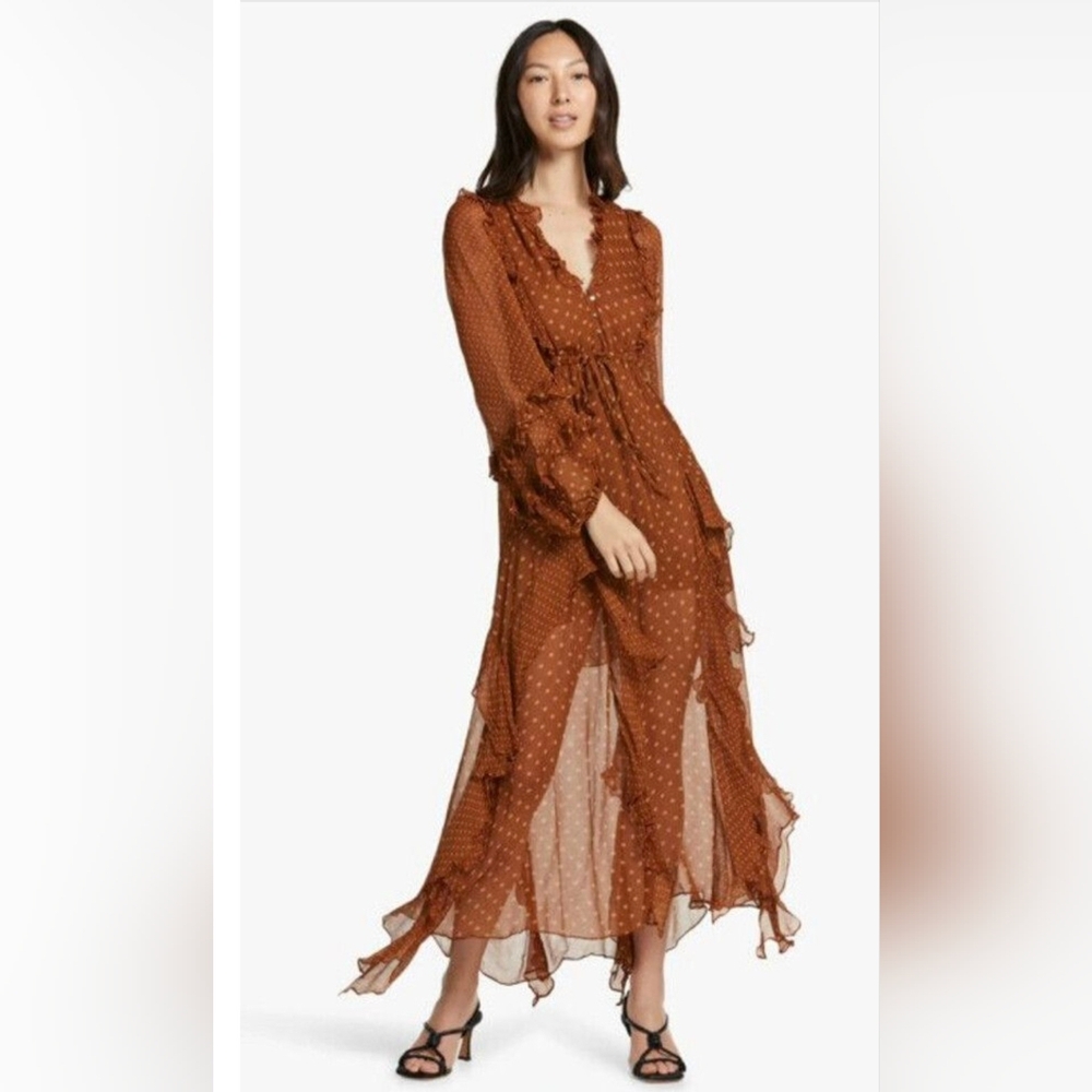 Anthropologie Terracotta Polka Dot Long Sleeve Dress